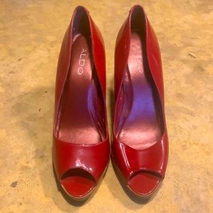 Vintage Aldo, red, patent leather peep toe heels, size 38